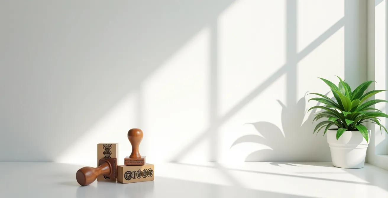 Bureau moderne avec tampons administratifs et plante verte