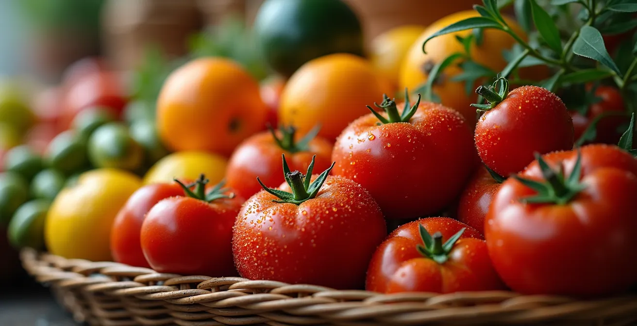 Détail macro de fruits et légumes méditerranéens sur un étal de marché
