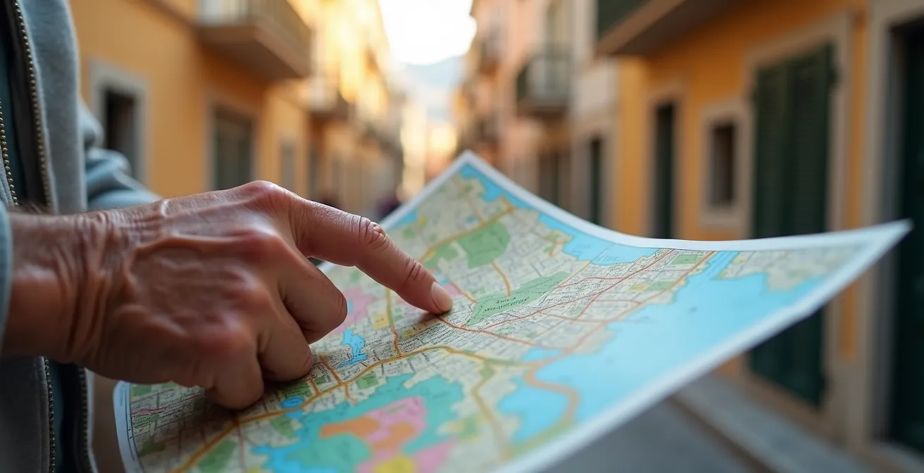 Main d'une personne âgée tenant une carte du quartier thermal de Balaruc