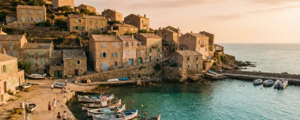 Vue panoramique du golfe du Valinco avec le village côtier de Propriano en Corse du Sud