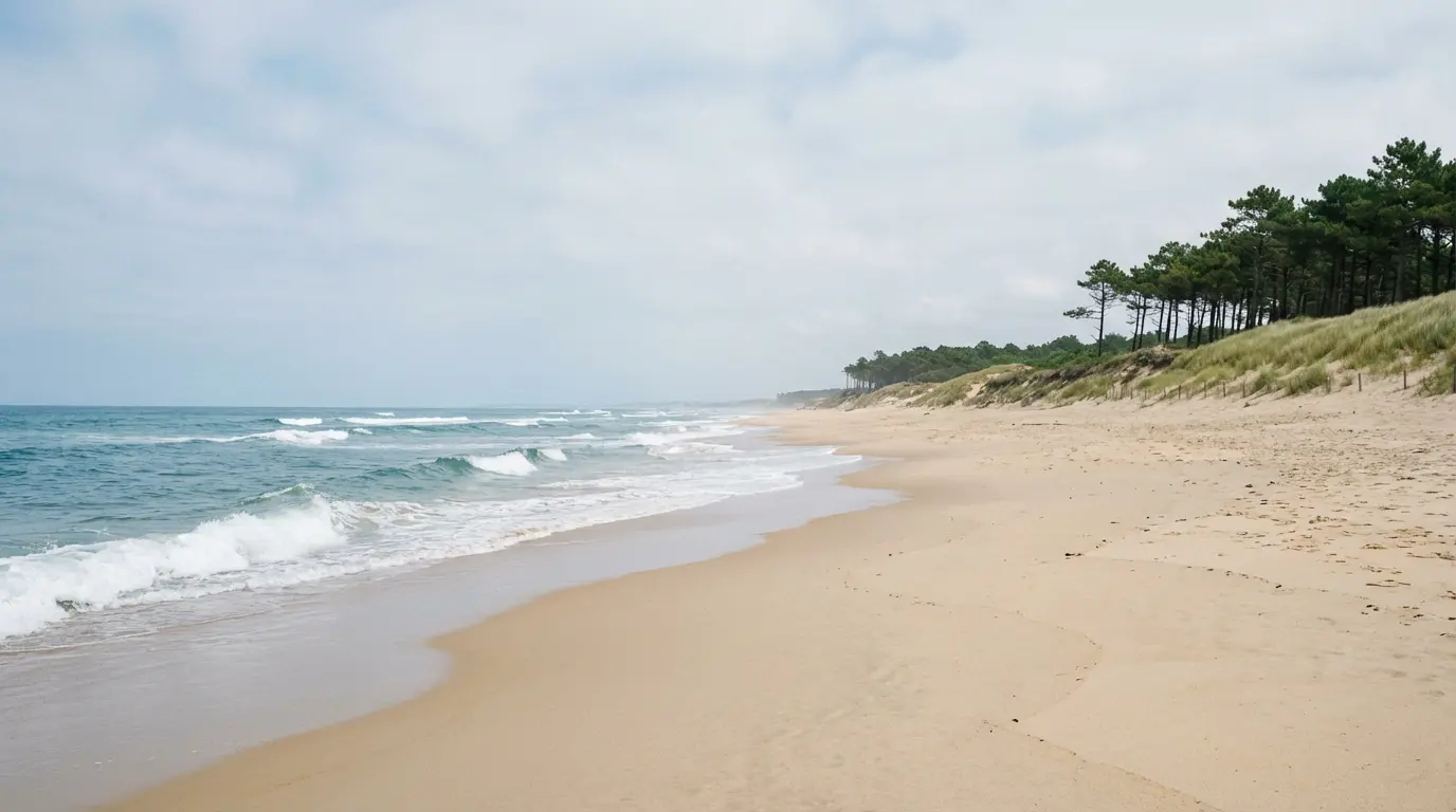 Vue panoramique plage Hossegor avec dunes et pinède en arrière-plan