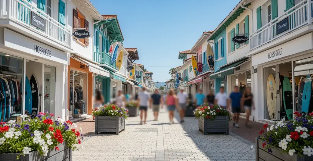Rue piétonne centre-ville Hossegor avec façades boutiques surf