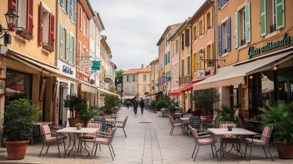 Rue commerçante du Barcarès avec façades colorées typiques du sud