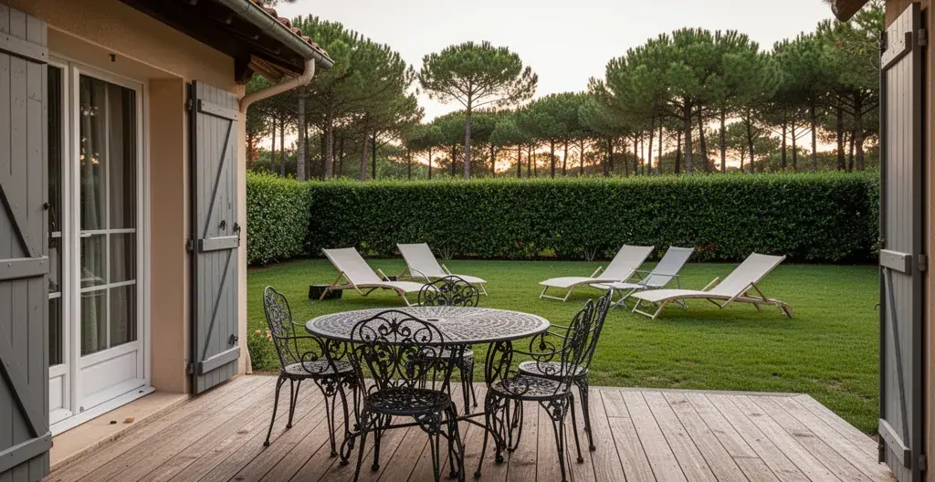 Terrasse villa de vacances Hossegor avec mobilier jardin et végétation