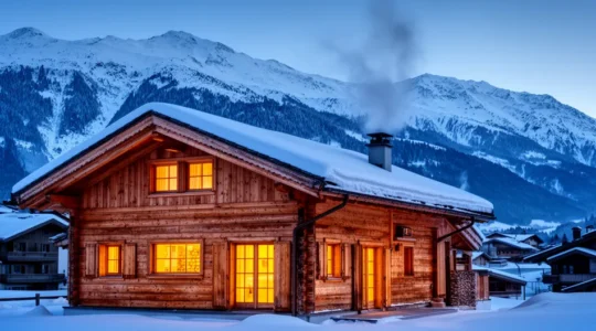 Chalet de luxe savoyard illuminé au crépuscule avec montagnes enneigées à Courchevel 1850