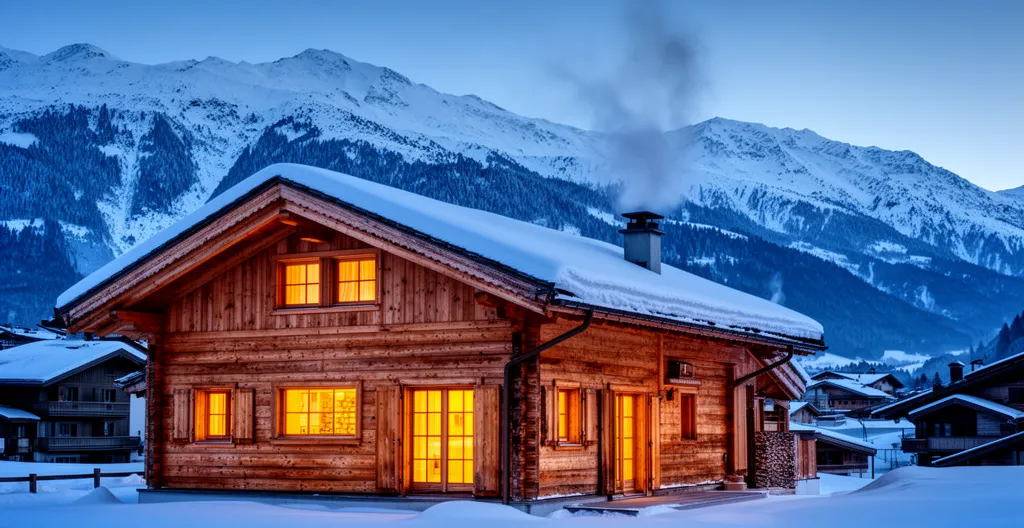 Chalet de luxe savoyard illuminé au crépuscule avec montagnes enneigées à Courchevel 1850