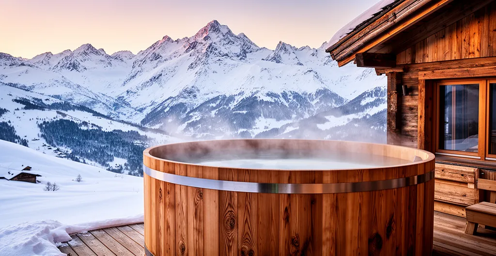 Jacuzzi extérieur sur terrasse de chalet de luxe face aux Alpes enneigées