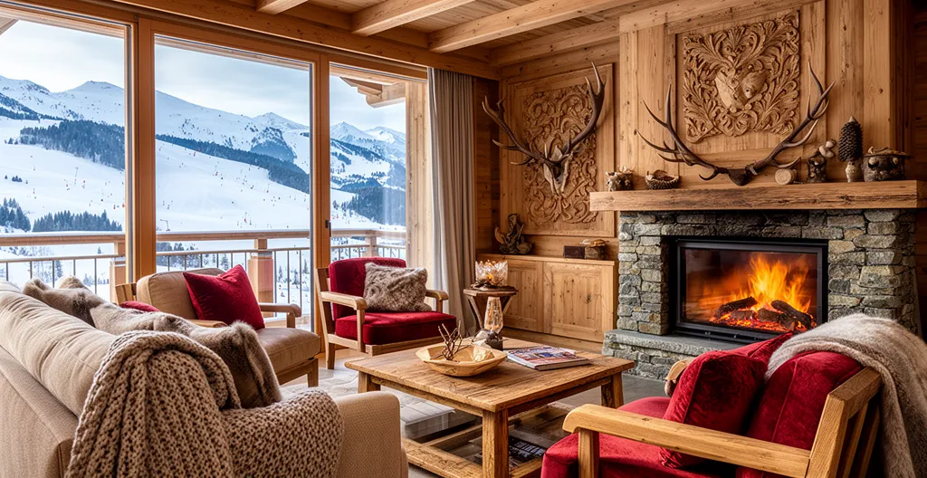 Salon chaleureux de chalet de luxe avec cheminée et vue sur les pistes de Courchevel