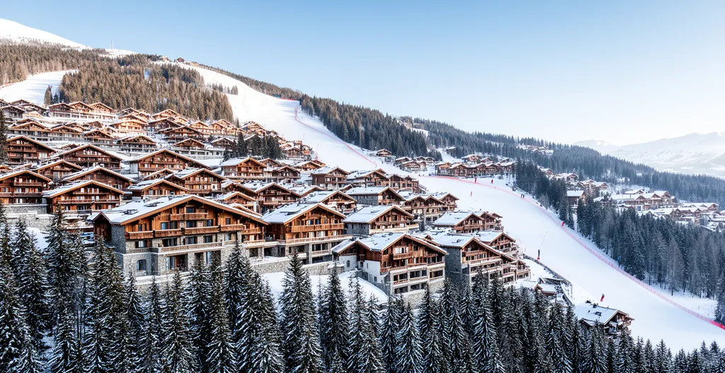 Vue panoramique de Courchevel 1850 montrant la disposition des chalets et des pistes de ski