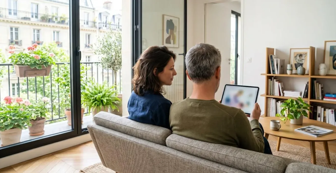 Un couple vu de dos consulte ensemble une tablette dans un salon moderne baigné de lumière naturelle