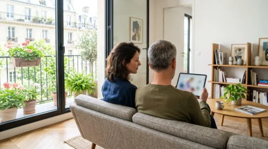 Un couple vu de dos consulte ensemble une tablette dans un salon moderne baigné de lumière naturelle