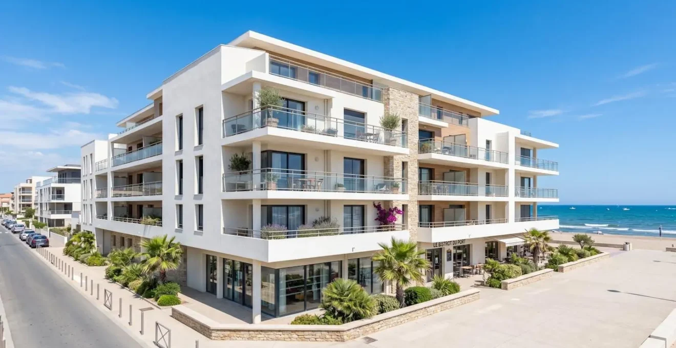 Vue grand angle d'une façade de résidence balnéaire contemporaine avec balcons et architecture méditerranéenne sous ciel bleu