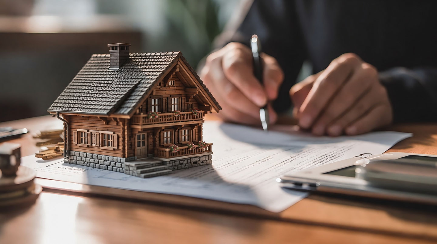 Personne consultant une liste de vérification des frais d'achat immobilier en montagne sur un bureau