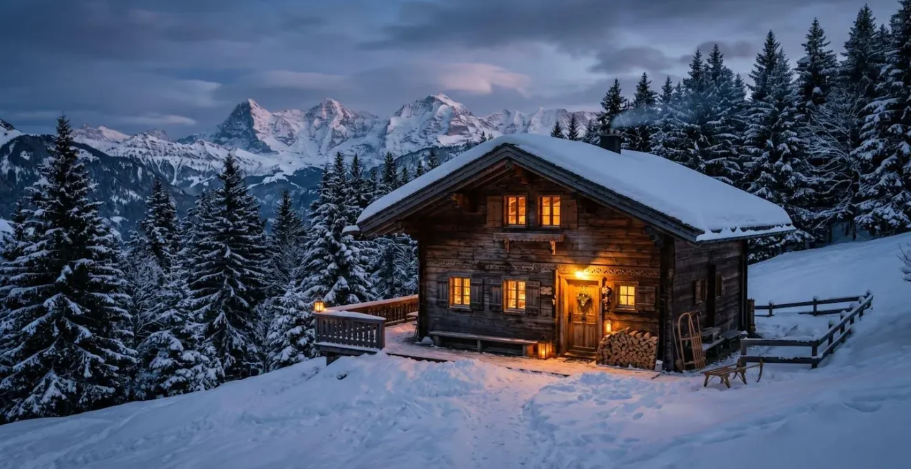 Chalet alpin traditionnel illuminé à la nuit tombante sous la neige dans les Portes du Soleil