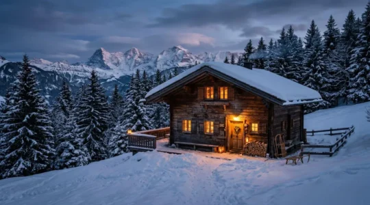 Chalet alpin traditionnel illuminé à la nuit tombante sous la neige dans les Portes du Soleil