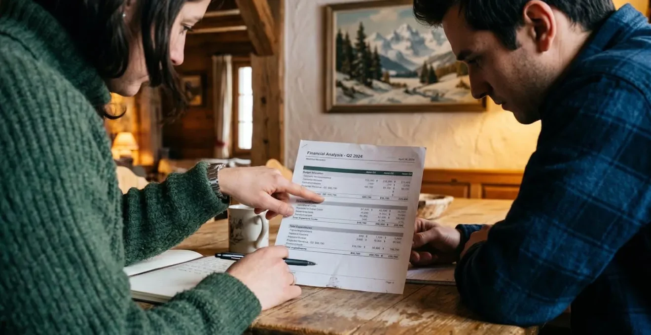 Personne consultant une liste de vérification des frais d'achat immobilier en montagne sur un bureau