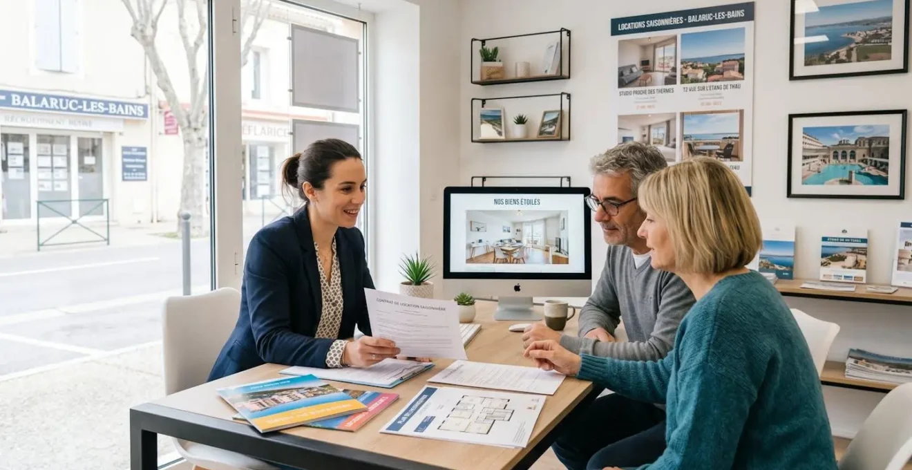 Intérieur d'une agence immobilière de Balaruc les Bains montrant un conseiller en discussion avec un couple de clients devant des documents de location saisonnière