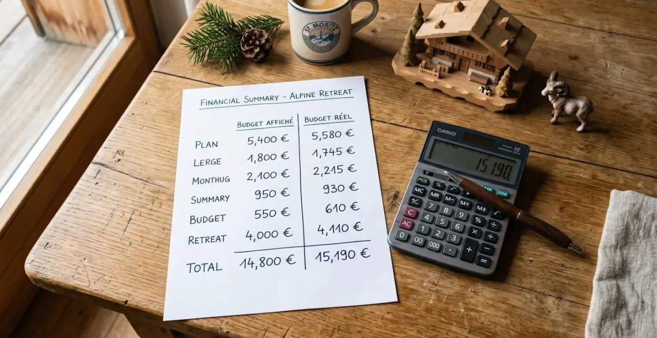 Synthèse visuelle comparant le budget affiché et le budget réel pour l'achat d'un chalet en station alpine