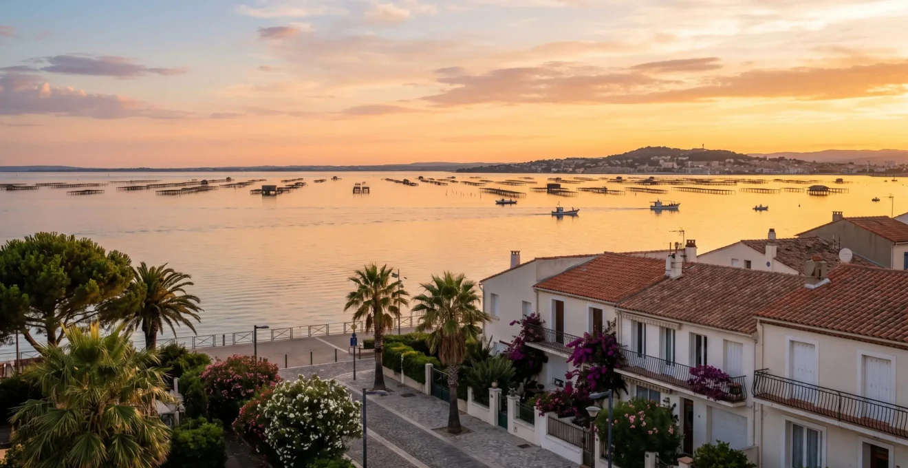 Vue panoramique sur l'étang de Thau depuis Balaruc les Bains au coucher du soleil, avec immeubles résidentiels en premier plan et bateaux de conchyliculture au loin