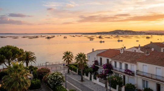 Vue panoramique sur l'étang de Thau depuis Balaruc les Bains au coucher du soleil, avec immeubles résidentiels en premier plan et bateaux de conchyliculture au loin