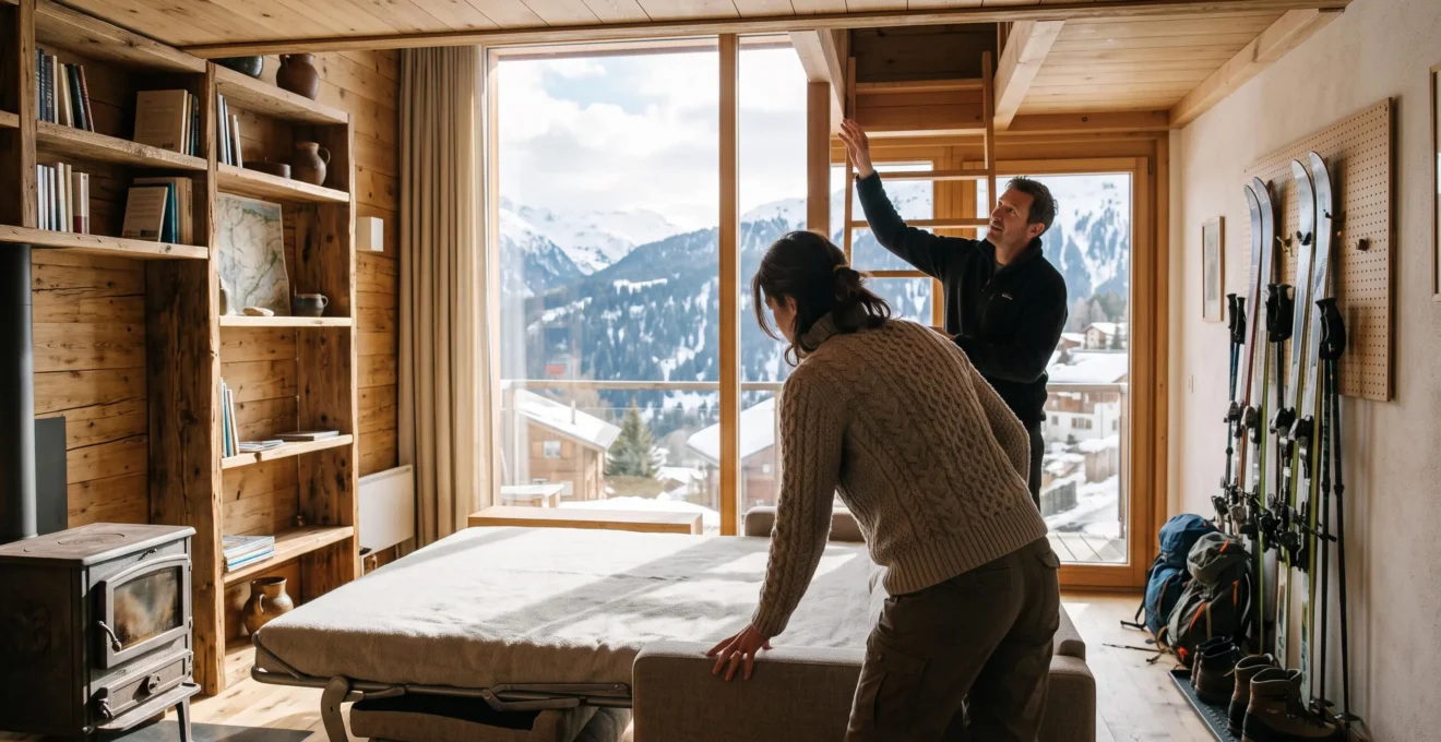 Un couple visite un appartement de location et vérifie le couchage près d'une fenêtre surmontée des pistes.