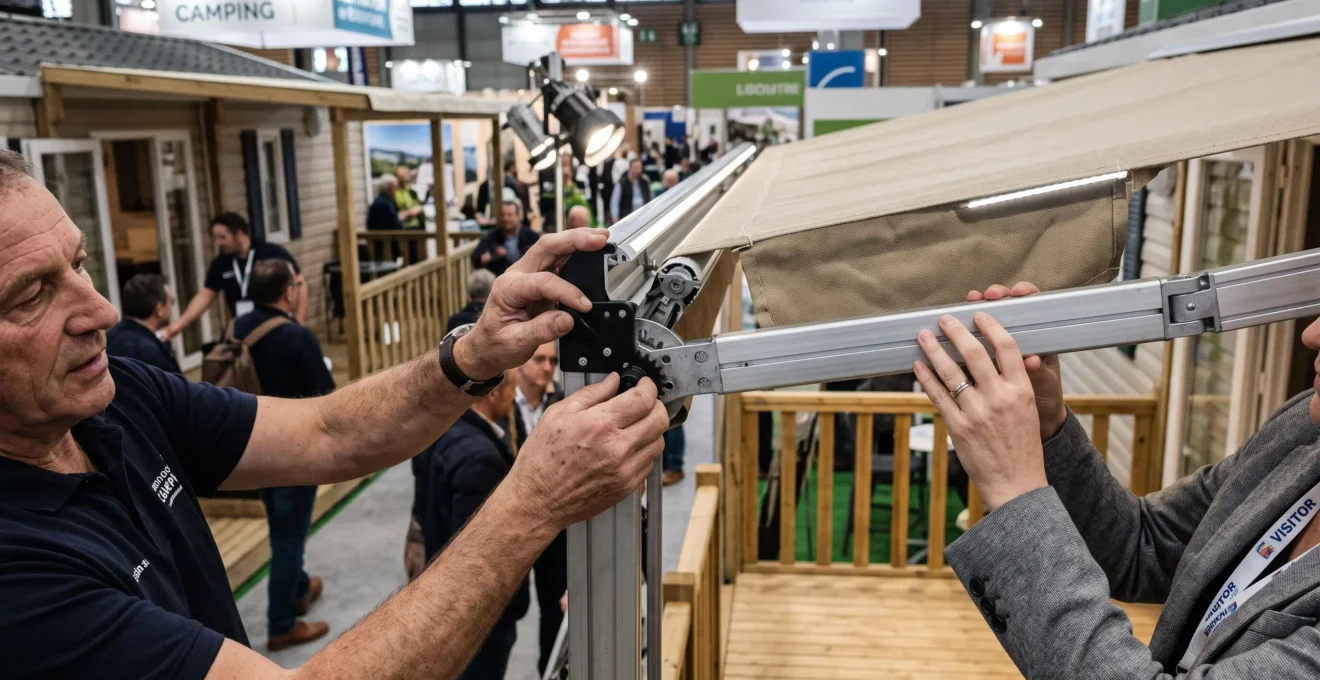 Exposant présentant le fonctionnement d'un équipement innovant à un professionnel du camping.