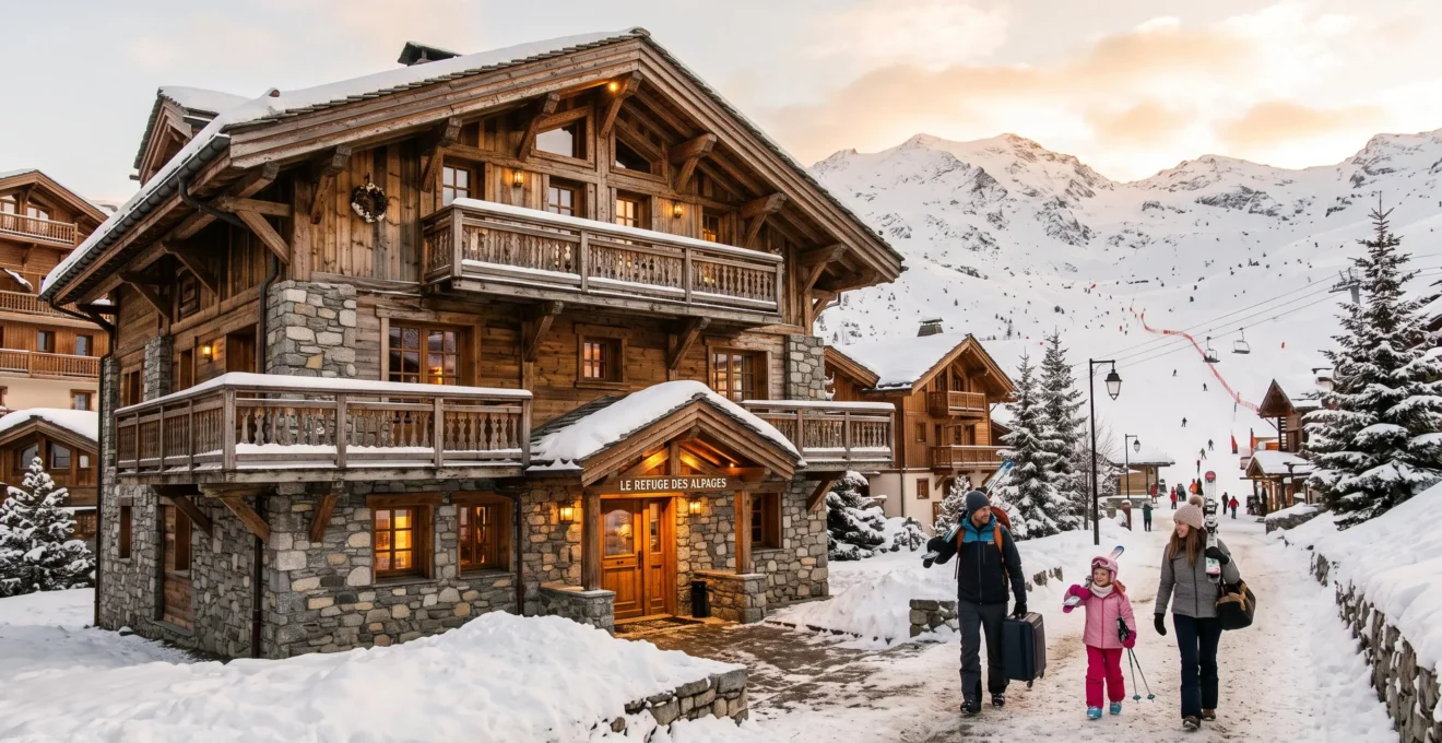 Une famille avec des skis arrive devant un chalet de location enneigé à Saint-Sorlin-d'Arves.