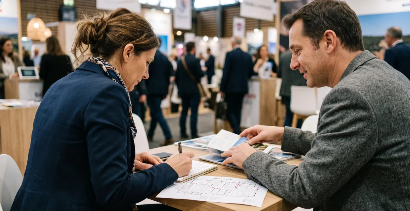 Un professionnel prenant des notes lors d'un échange sur un stand du salon.