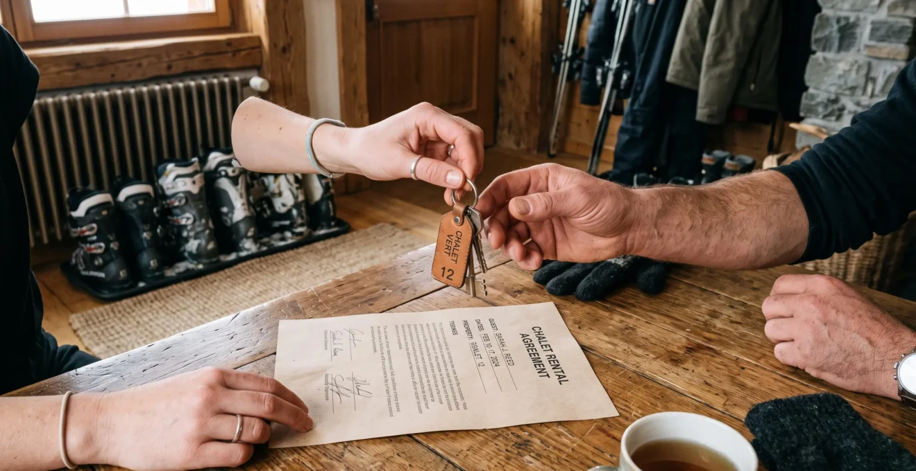 Remise des clés et du contrat de location sur une table en bois dans le hall d'un chalet.