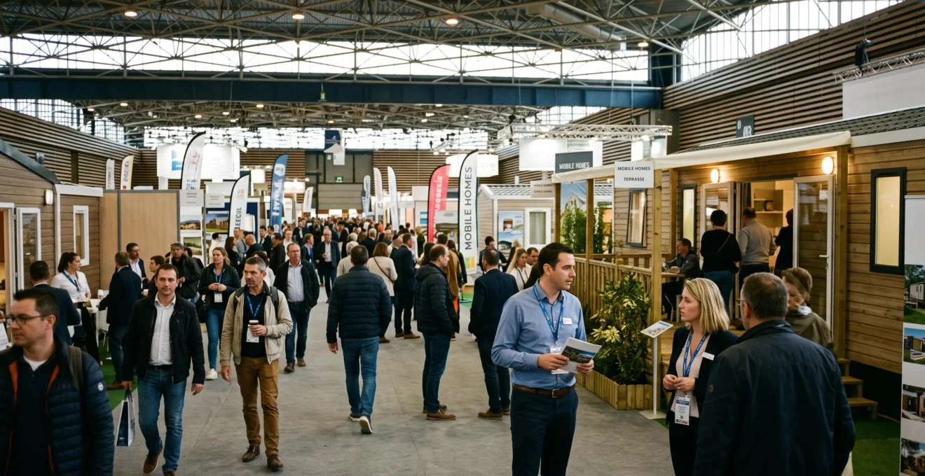 Visiteurs professionnels circulant dans les allées du salon SETT entre stands d'exposition.