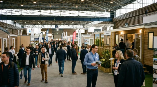 Visiteurs professionnels circulant dans les allées du salon SETT entre stands d'exposition.