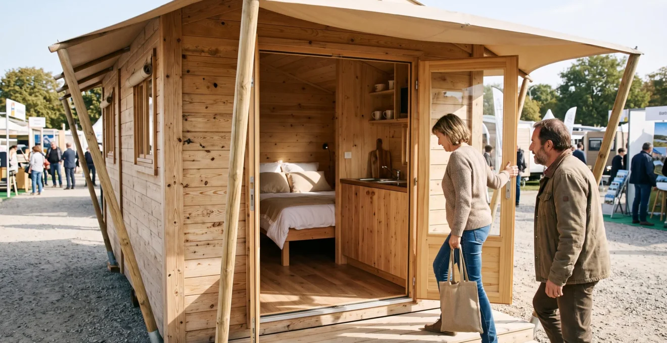 Deux visiteurs découvrant l'intérieur d'un chalet en bois exposé au salon.
